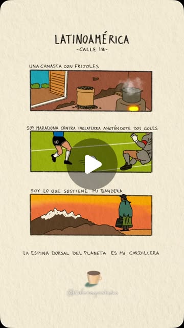 Póster animado de Latinoamérica, de Calle 13: una canasta con frijoles, un partido de fútbol y la cordillera